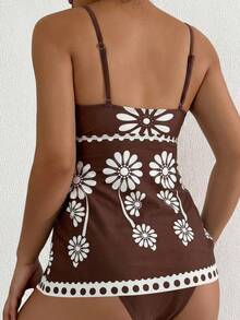 Swim Conjunto de Bikini Elástico con Estampado Floral para Mujer de 2 Piezas, Top Corto Tipo Bustier con Estampado de Colocación en Verde Fresco y Traje de Baño Básico de Triángulo de - Multicolor 2 - Ver 2