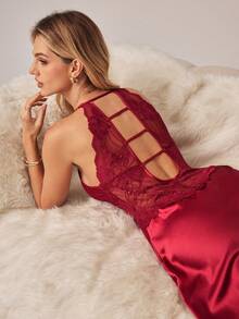 女士露背蕾丝边仿丝绸睡裙 - 酒紅色 - 查看 6