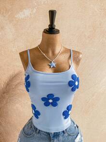 Soleia Women's Summer Casual Outing Y2K Holiday Party Picnic Music Festival 3D Embroidered Blue Camisole Top,Summer Top , Festival Outfits For Wome,Party Top,Casual Blouses For Women - Multicolor - View 6