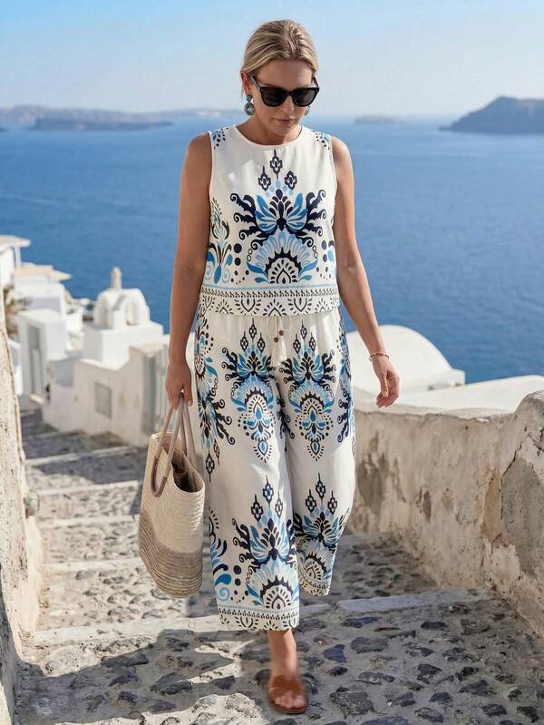 Linhara CURVE Conjunto de 2 piezas con estampado de tótem de talla grande, blusa + pantalones, adecuado para ir a trabajar, uso casual, primavera/verano