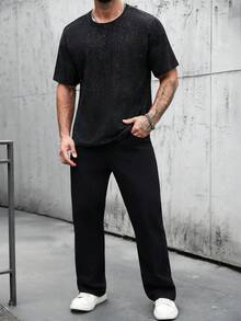 Manfinity Homme Plus Size Men's Casual Round Neck Short Sleeve T-Shirt, Summer - Black - View 4