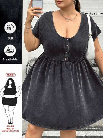 SHEIN CURVE+ Abito casual corto a maniche corte lavato per donne taglia comoda, abito casual da vacanza estivo per donne, abito estivo