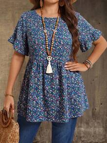 EMERY ROSE 大码休闲碎花衬衫 - 藍色 - 查看 6