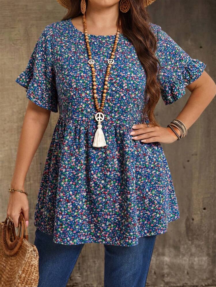 Plus Size Casual Ditsy Floral Shirt