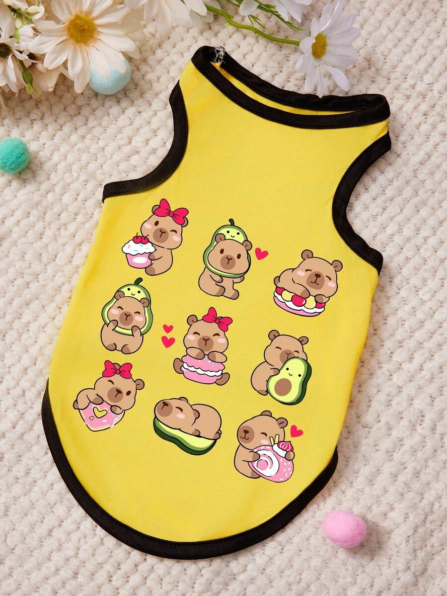 PETSIN 1件可爱河豚爱心蝴蝶结牛油果帽印花宠物背心黄色拼接黑色柔软透气防掉毛宠物衣服 - 彩色 - 查看 1