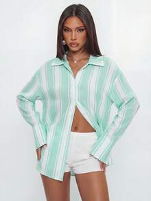Avantive 2026 Camisa de estilo vintage a rayas para cubrir en la playa, casual y de vacaciones - Azul - Ver 2