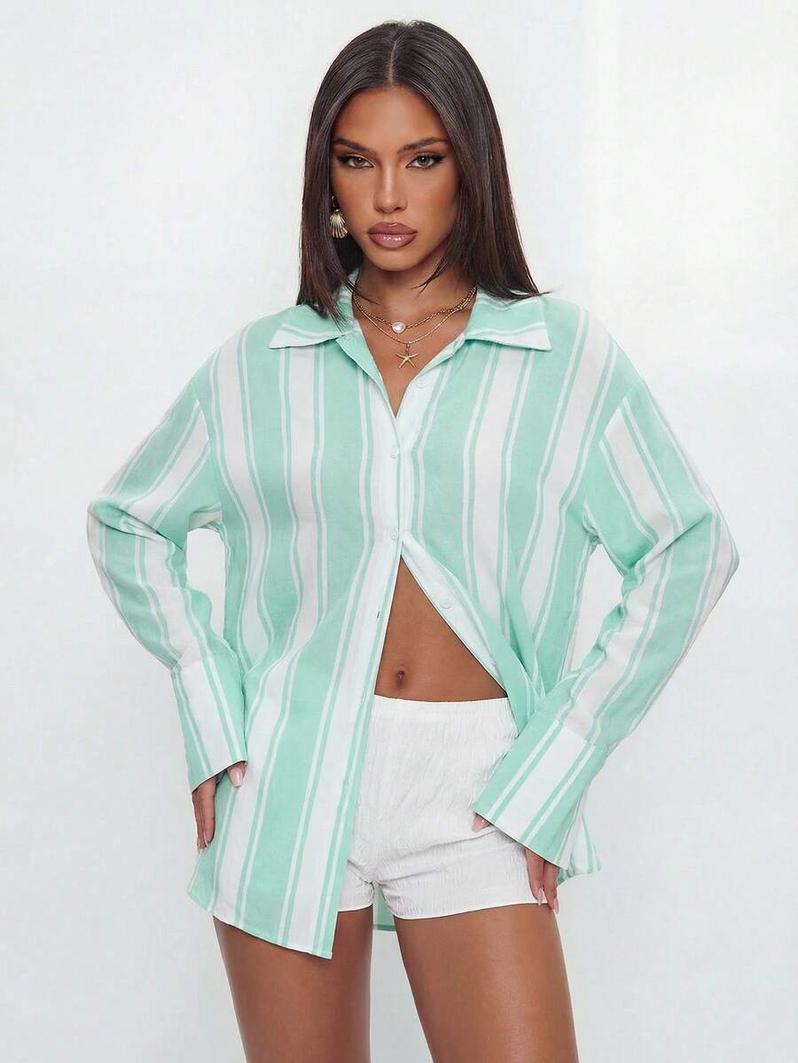 Avantive 2026 Camisa de estilo vintage a rayas para cubrir en la playa, casual y de vacaciones