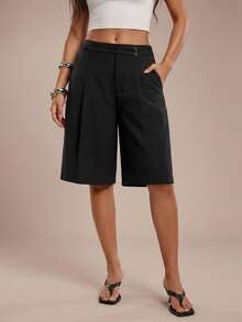 Avantive Quần short nữ ống rộng, cạp cao, màu trơn, có túi xéo, kiểu dáng thường ngày. - màu đen - Xem 4