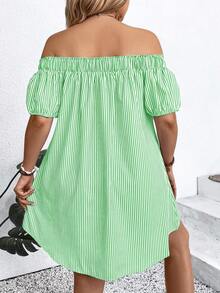 EMERY ROSE Plus Size Striped Print Off-Shoulder Dress - Green - View 2