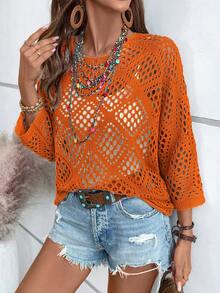 Breezaya Women's Solid Color Round Neck Hollow Casual Versatile Daily Wear Sweater Summer Casual Beach Cover-Up Open Knit Top Crochet Top - Burnt Orange - View 7