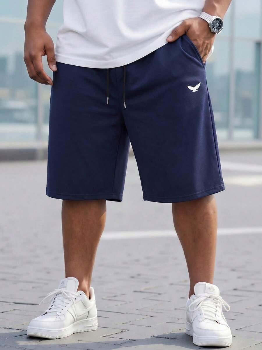 Manfinity RSRT Plus Size Men's Simple Print Drawstring Shorts - Navy Blue - View 1