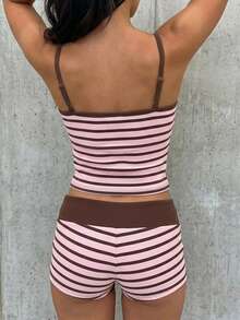 SHEIN EZwear 女士条纹印花无袖背心和短裤两件套，夏季 - 彩色 - 查看 2