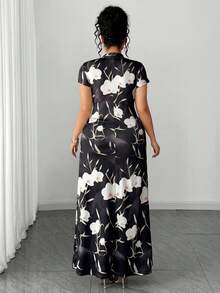 Elenzga Elegante vestido con capucha y estampado de hibisco para mujer de talla grande - Negro - Ver 2