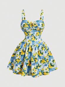 SHEIN MOD Đầm cỡ lớn in hoa màu vàng và xanh dương, thiết kế không tay, cổ vuông có dây buộc, thân áo ôm sát, chân váy xòe, chất liệu nhẹ, thoáng khí, họa tiết chanh tươi tắn, kiểu dáng mùa hè, phong cách thường ngày, chất liệu mềm mại, thoải mái, dáng áo trẻ trung, vẻ nữ tính, họa tiết nhiều màu sắc, chất liệu tự nhiên, tươi mới và rực rỡ, thiết kế sống động, kiểu dáng tôn dáng, vẻ quyến rũ trẻ trung, dễ mặc. Trang phục mùa hè, trang phục mùa hè cho nữ, đầm lễ Phục sinh, đầm dự tiệc nữ, đầm đi biển. - Nhiều màu - Xem 3