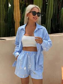DAZY Vacation Style Striped Silver Foil Floral Pattern Loose Shirt Pajama Set For Women - Blue - View 9