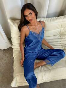 Aloruh Lace Trim Satin Cami Top & Pants PJ Set / Pajama Set For Daily Wear - Royal Blue - View 5