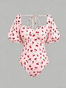 Sweetra Plus Size Cherry Print Sweetheart Collar Ribbed Backless Tie Shoulder Bodysuit - Multicolor - View 1