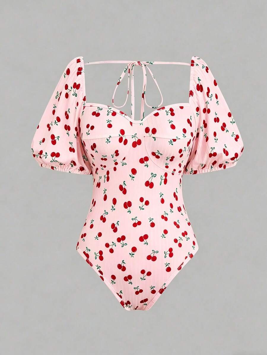 Sweetra Plus Size Cherry Print Sweetheart Collar Ribbed Backless Tie Shoulder Bodysuit - Multicolor - View 1