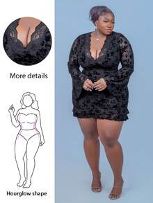 CurvyTilda 大码女式浪漫性感长袖连衣裙 - 黑色 - 查看 1