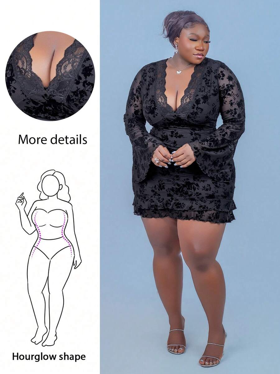 CurvyTilda 大码女式浪漫性感长袖连衣裙 - 黑色 - 查看 1