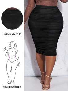 Plus High Waist Ruched Pencil Skirt, For Hourglass Body Shape - Black - View 2