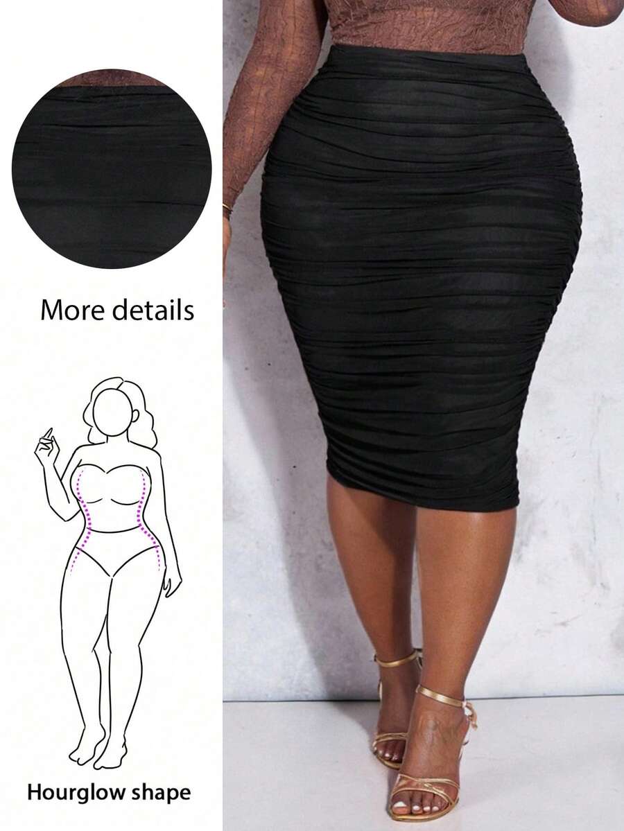Plus High Waist Ruched Pencil Skirt, For Hourglass Body Shape