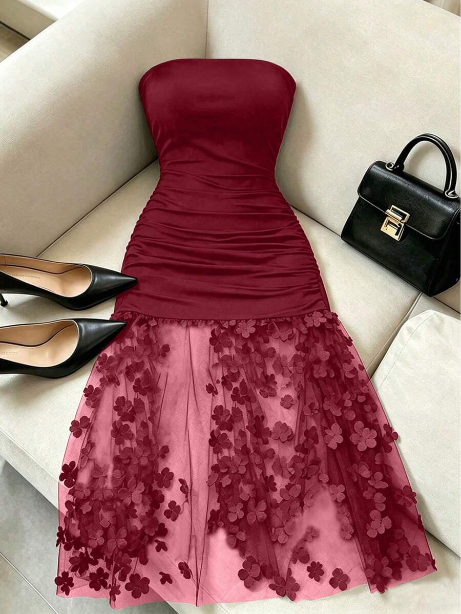 SHEIN Franclia Elegant Luxury Floral Contrast Mesh Ruffle Cinched Waist Strapless Solid Color Sexy Evening Gown For Women - Burgundy - View 1