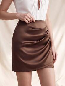 Zovinel Upgrade Version New Glossy Asymmetrical Hem High Waist Slim Pleated Bodycon Skirt For Women, Spring/Summer - Brown - View 7