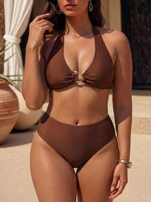 Swim Chiccia Women's 3-Piece Summer Kawaii Beach Holiday Swimwear Set,Featuring Asymmetric Metal Accessories,Halter Bikini Bottoms,Mini Skirt,Plus Size,Brown Tone - Brown - View 2