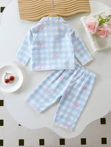 Conjunto de 2 piezas de pijama para niñas bebé con cuello de solapa, manga larga, botones delanteros, pantalón largo, estampado a cuadros azul y blanco con lazo rosa, tela suave y transpirable, ropa cómoda y elegante para recién nacidos y niños pequeños para uso diario, descanso y dormir - Azul - Ver 2