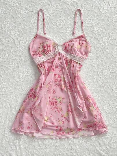 Elamini Đầm ngắn mùa hè tối giản màu hồng lưới họa tiết hoa ngọt ngào và ren phối hợp trang trí dành cho nữ.