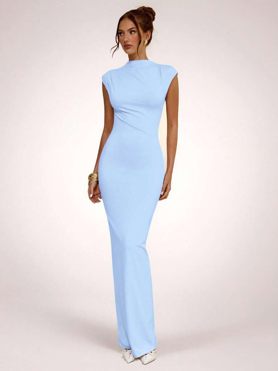 SHEIN BAE Aprikosfärgad asymmetrisk rynkad bodycon-klänning, elegant, minimalistisk långklänning, vår/sommar - Babyblå - Visa 1