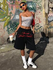 SHEIN Muchic Quần short Bermuda dáng rộng cạp thấp in chữ mới dành cho nữ mùa hè. - màu đen - Xem 6