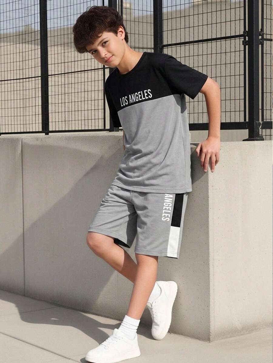Vacaura Teenager Boys' Spring/Summer Short Sleeve & Shorts 2 Pieces Set, Black & Gray Contrast Color, Los Angeles Letter Print Loose Fit Shorts, Casual Streetwear & Skateboarding Outfit - Multicolor - View 1