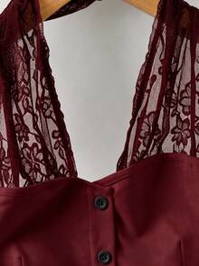 GlowEve Knitted Lace Halter Neck Button Front Slit Hem Cinched Waist Top , Elegant Summer Beach For Women - Burgundy - View 3