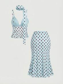 SHEIN MOD Bộ 2 món áo và chân váy in họa tiết chấm bi ruy băng - Màu xanh lam - Xem 6