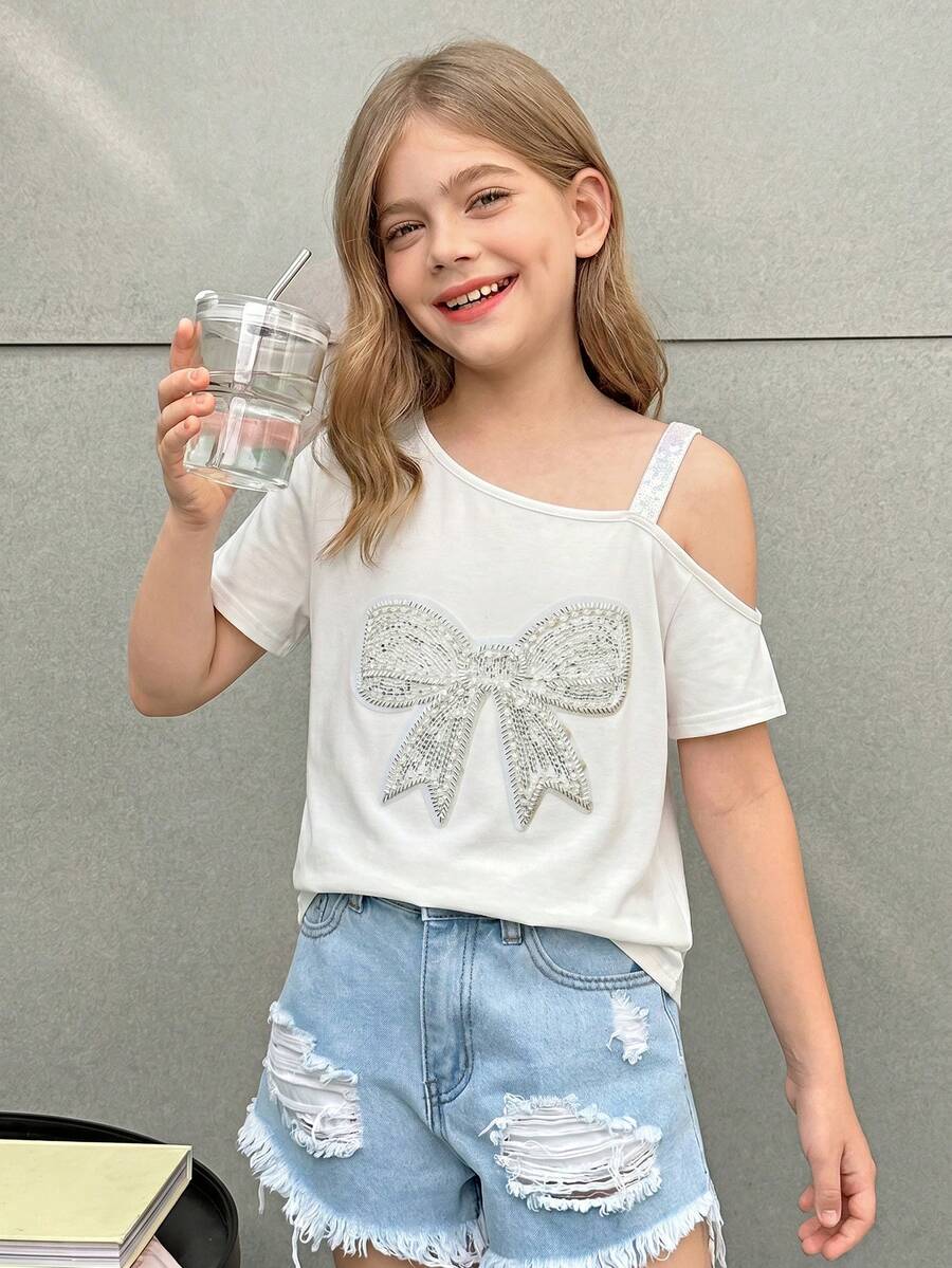 Firerie Kids Firerie Kids Nova Glow Tween Girl Casual Vacation Solid Color Knitted One Shoulder Short Sleeve Blouse - White - View 1
