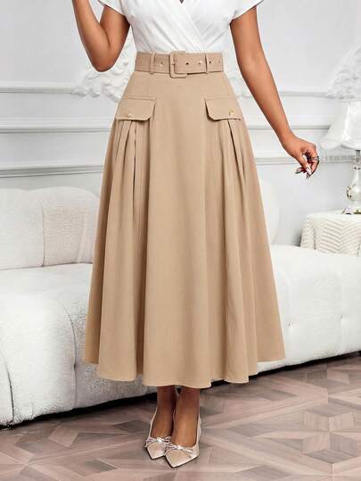 SHEIN Lady 女士休闲纯色通勤腰带长裙