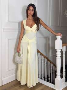 Ronhire 女士优雅性感扭纹 V 领收腰长裙（浅黄色），适合派对、日常穿着、花园聚会 - 淡黃色 - 查看 4