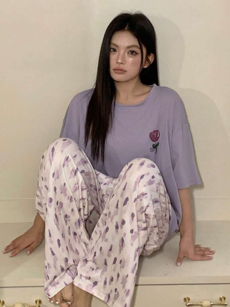 Dazy Plus Floral Print Pattern Elegant & Comfortable Short Sleeve Loose Pajama Set, Spring/Summer, Plus Size