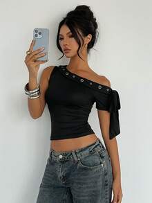 DAZY Black Asymmetric-Shoulder Lace-Up Fitted Women T-Shirt Summer Night Streetwear - Black - View 5