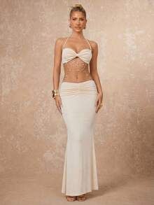 Lumalex Robe élégante et sexy pour femmes avec décoration de chaîne au dos, couleur abricot - Nude - Voir 8