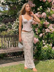 SHEIN PETITE Women Floral Lace Sweetheart Neck Fitted Elegant Camisole Corset With Strap Under Bust Corset Lingerie Transparent Bustier Bodysuit Corsets For Woman Tops For Wome Corset Body Corset Women - White - View 6