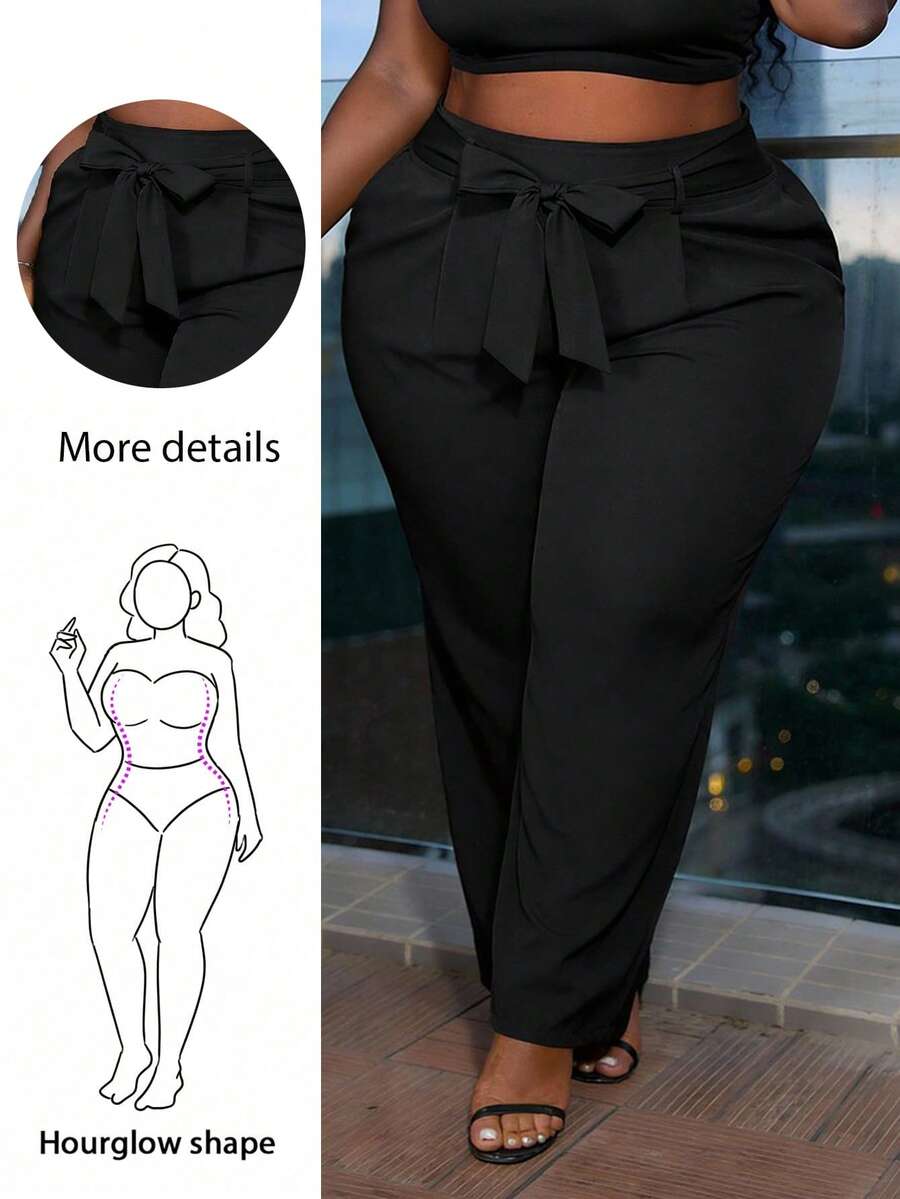 CurvyTilda 大碼素色斜口袋闊腿褲 - 黑色 - 查看 1