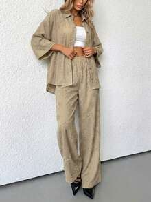Aveloria Modichic 2pcs Women Blended Side Slit Loose Shirt & Wide Leg High Waist Pants Set Elegant Business Casual Women  - Beige - View 2