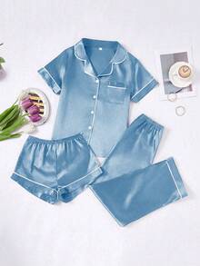 SHEIN 3 Stücke Kontrast-Besatz einfarbiger Faux-Seide Pyjama Set für Frauen - Babyblau - Übersicht 3