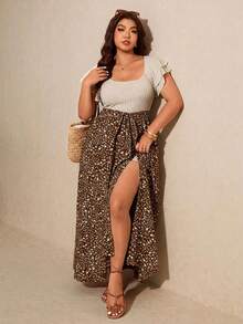 SHEIN Elaquor Plus Size Women Patchwork Color Block Open Slit Casual Party Dress - Brown - View 5