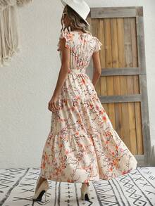 Breezaya Vestido Longo com Estampa Floral, Manga Borboleta, Babado na Barra, Cinto, Roupas de Praia e Férias para Mulheres - Damasco - Visão 2