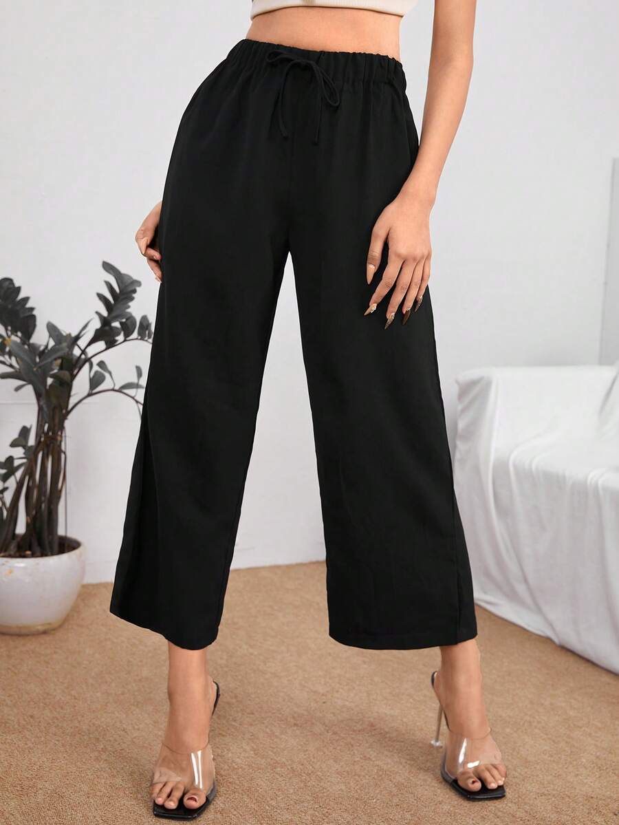 SHEIN PETITE 高腰打結前黑色褲子 - 黑色 - 查看 1
