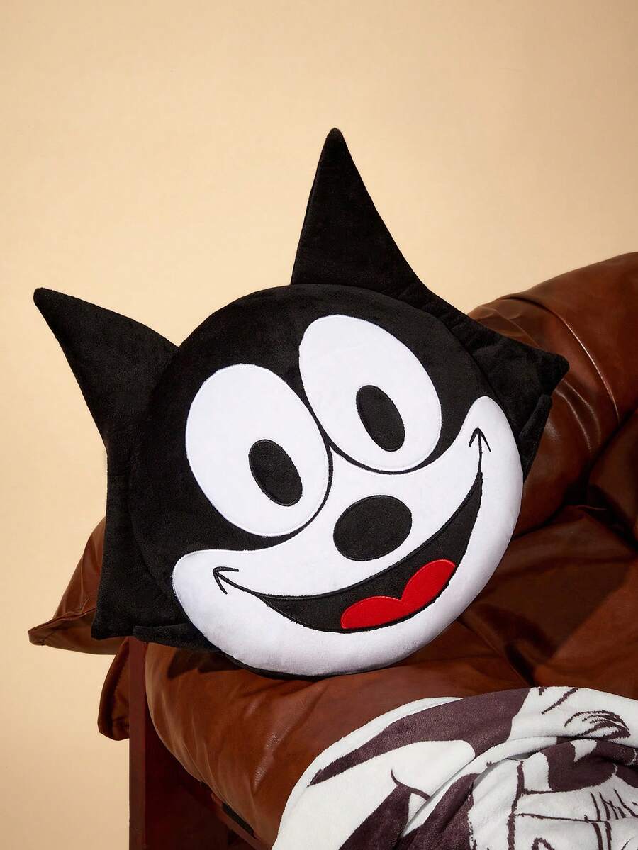 SHEIN Felix The Cat قطعة واحدة وسادة قطنية على شكل رأس قطة كرتونية، وسادة زخرفية بتطريز رائع، مناسبة للوضع في المنزل أو السيارة أو كهدية. - أبيض وأسود - مشاهدة 1